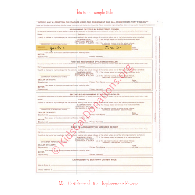 This is an Example of Mississippi Certificate of Title - Replacement -  Reverse | Kids Car Donations